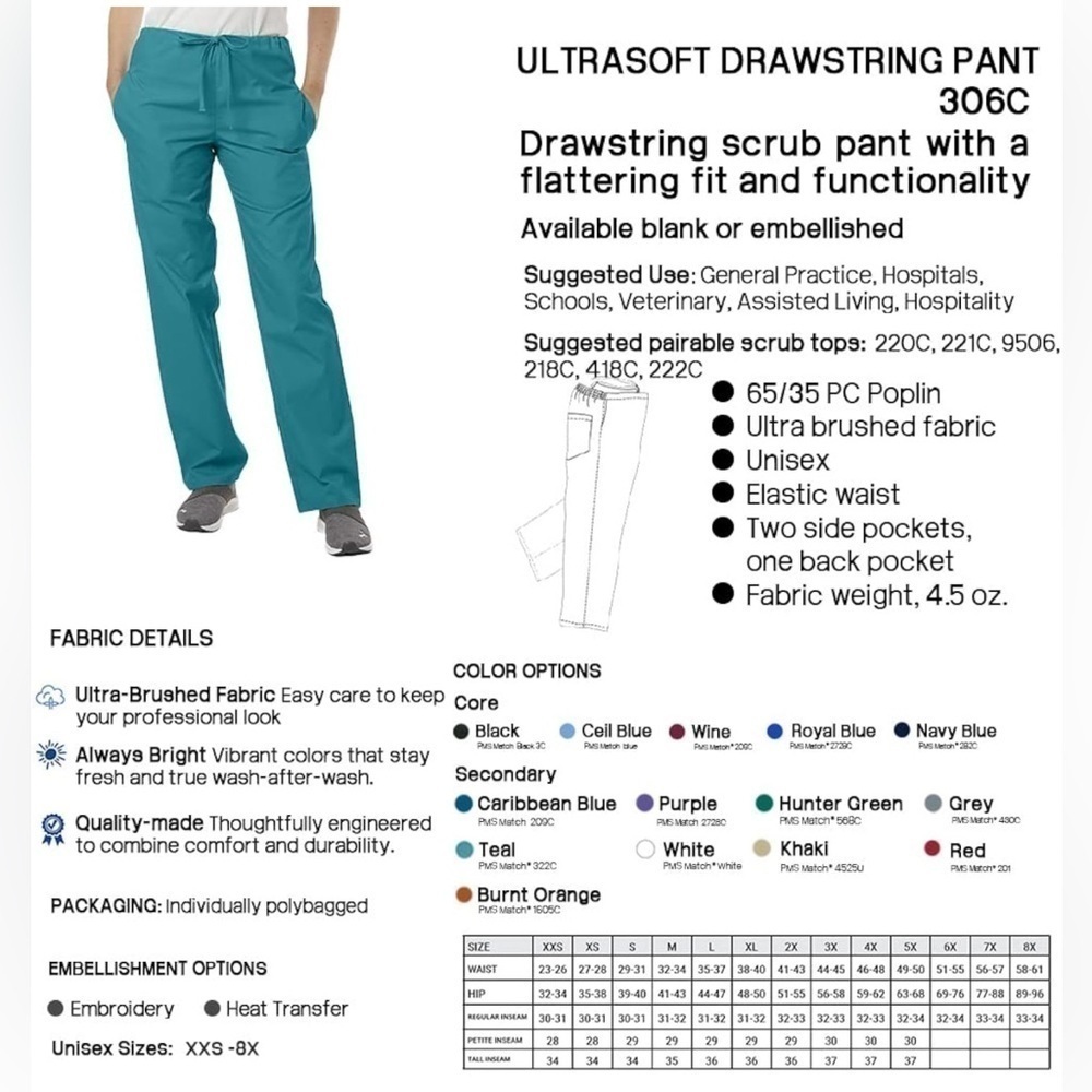 BAG032. NWT Unisex Scrub Pant Ultrasoft Drawstring Waist Medical Professional - Picture 6 of 7